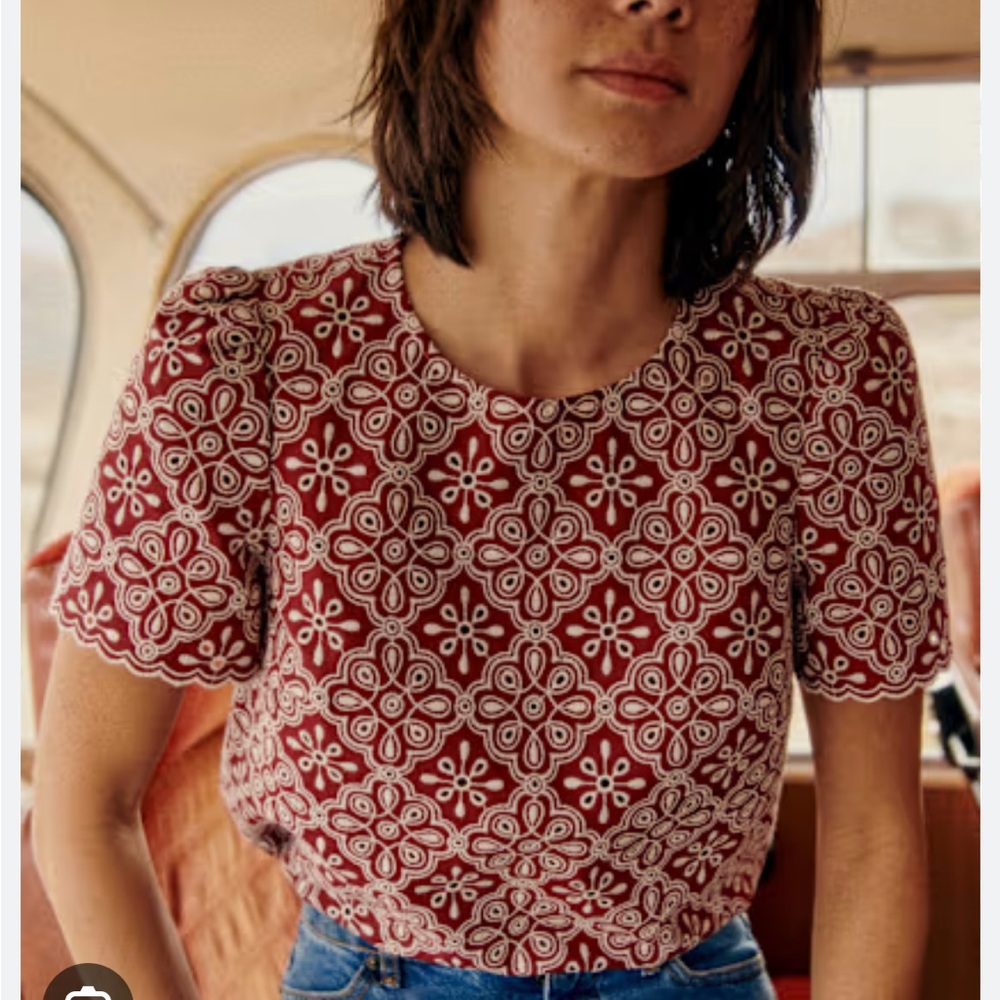 Sezane Burgundy and Cream Geometric Blouse
